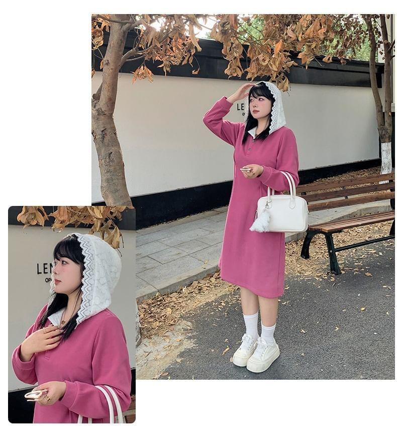 Plus Size Long-Sleeve Two Tone Lace Trim Hoodie Dress Product Image