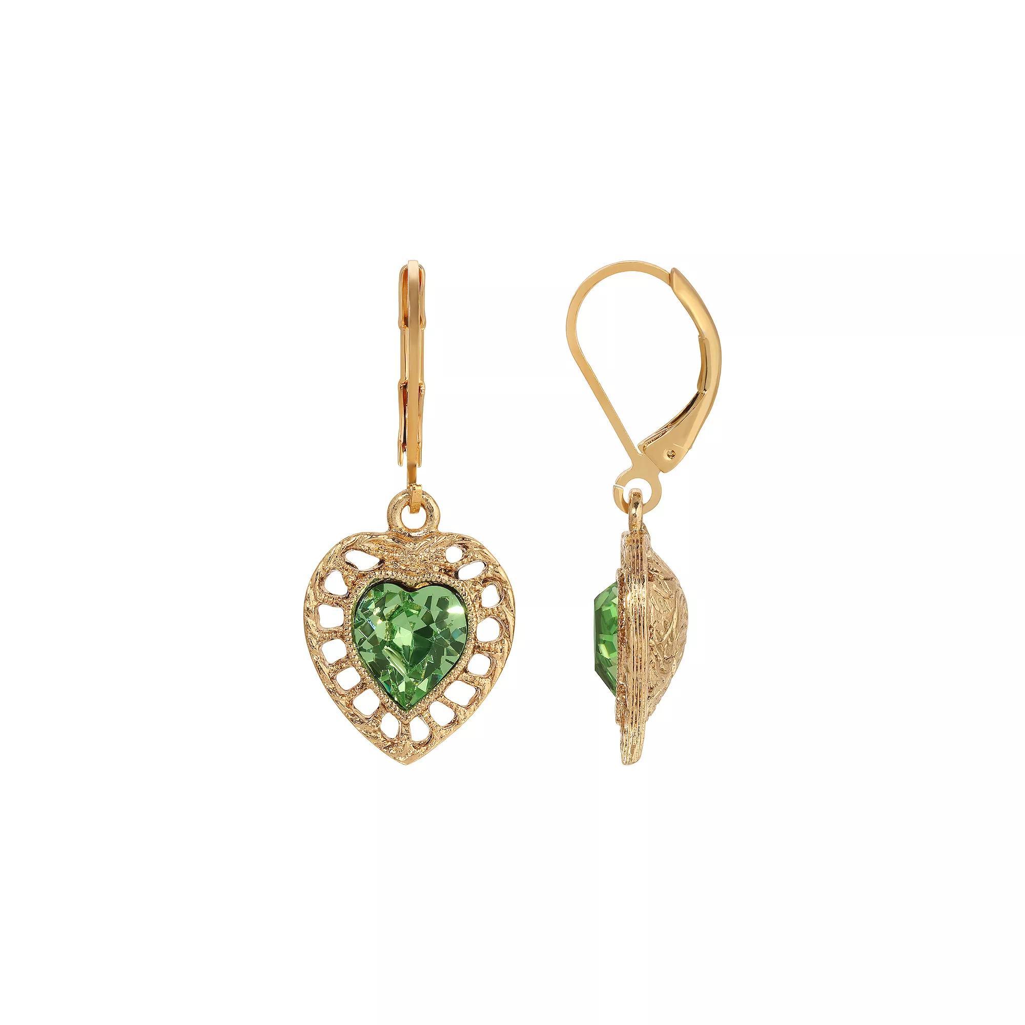 1928 Gold Tone Filigree Color Stone Heart Drop Earrings, Womens, Green Product Image