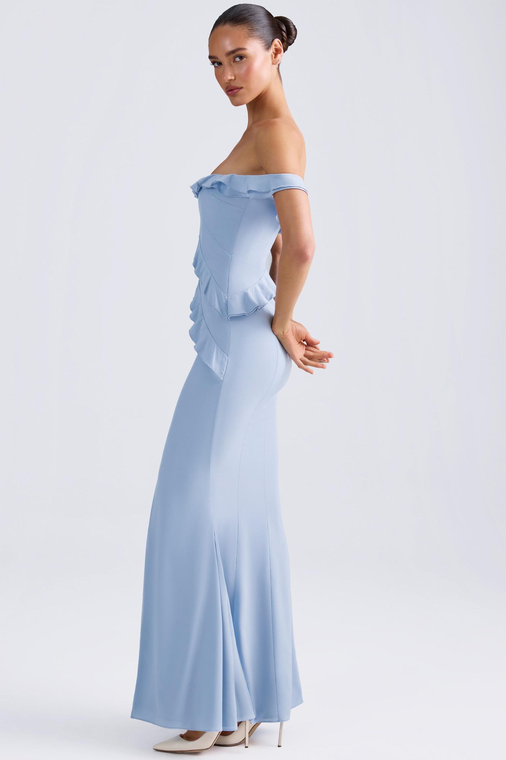 Off-Shoulder Ruffle-Trim Gown in Light Blue Product Image