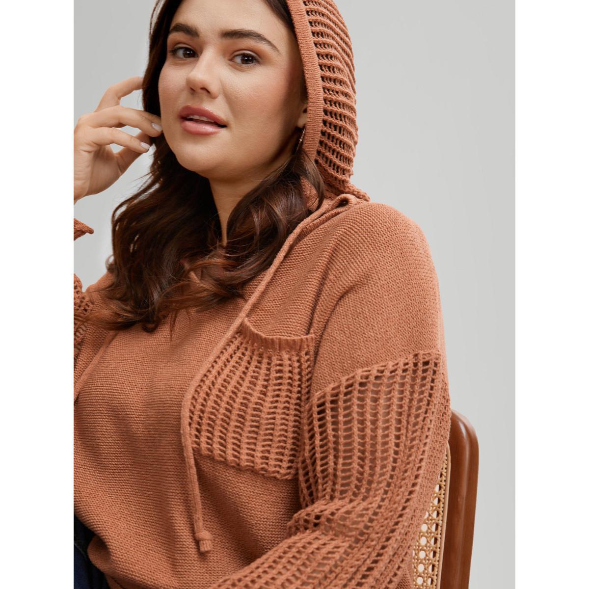 Plus Size Hooded Drawstring Cut Out Pocket Pullover Yellowishbrown Women Casual Three Quater Length Sleeve V-neck Everyday Pullovers BloomChic 30/6X Product Image