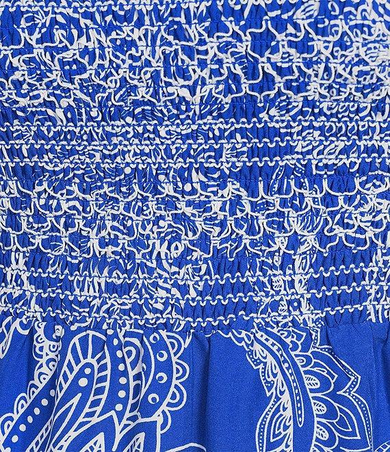Calessa Plus Size Abstract Paisley Scoop Neck Short Sleeve Tiered Smocked Ruffle Midi Dress Product Image