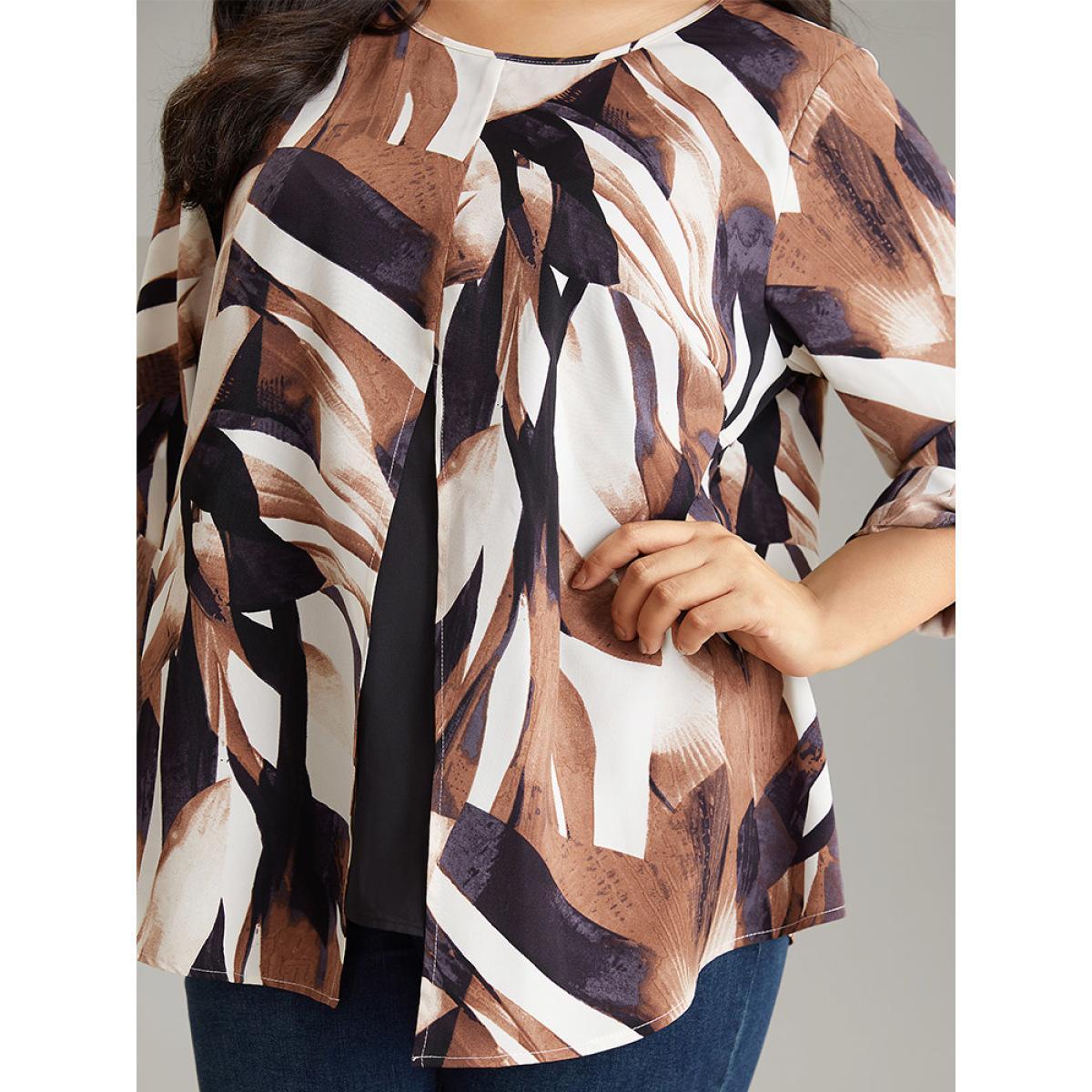 Plus Size DarkBrown Geometric Print 2-In-1 Split Round Neck Blouse Women Vacation Long Sleeve Round Neck Vacation Blouses BloomChic 18-20/2X Product Image