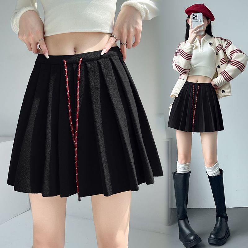 Drawstring Waist Pleated Mini A-Line Knit Skirt Product Image