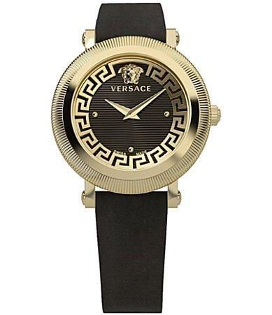 Versace Womens Greca Flourish Quartz Analog Black Leather Strap Watch - IP Yellow Gold Product Image