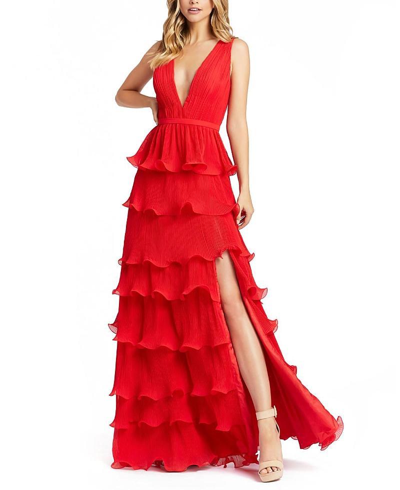 Mac Duggal Deep V-Neck Sleeveless Ruffle Tiered Thigh High Slit Gown Product Image