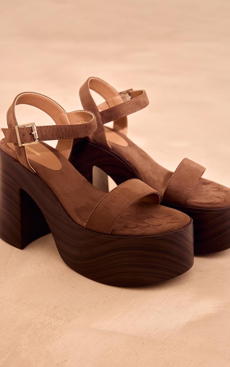 Brown Faux Suede Round Toe Platform Chunky Block Heeled Sandals Product Image
