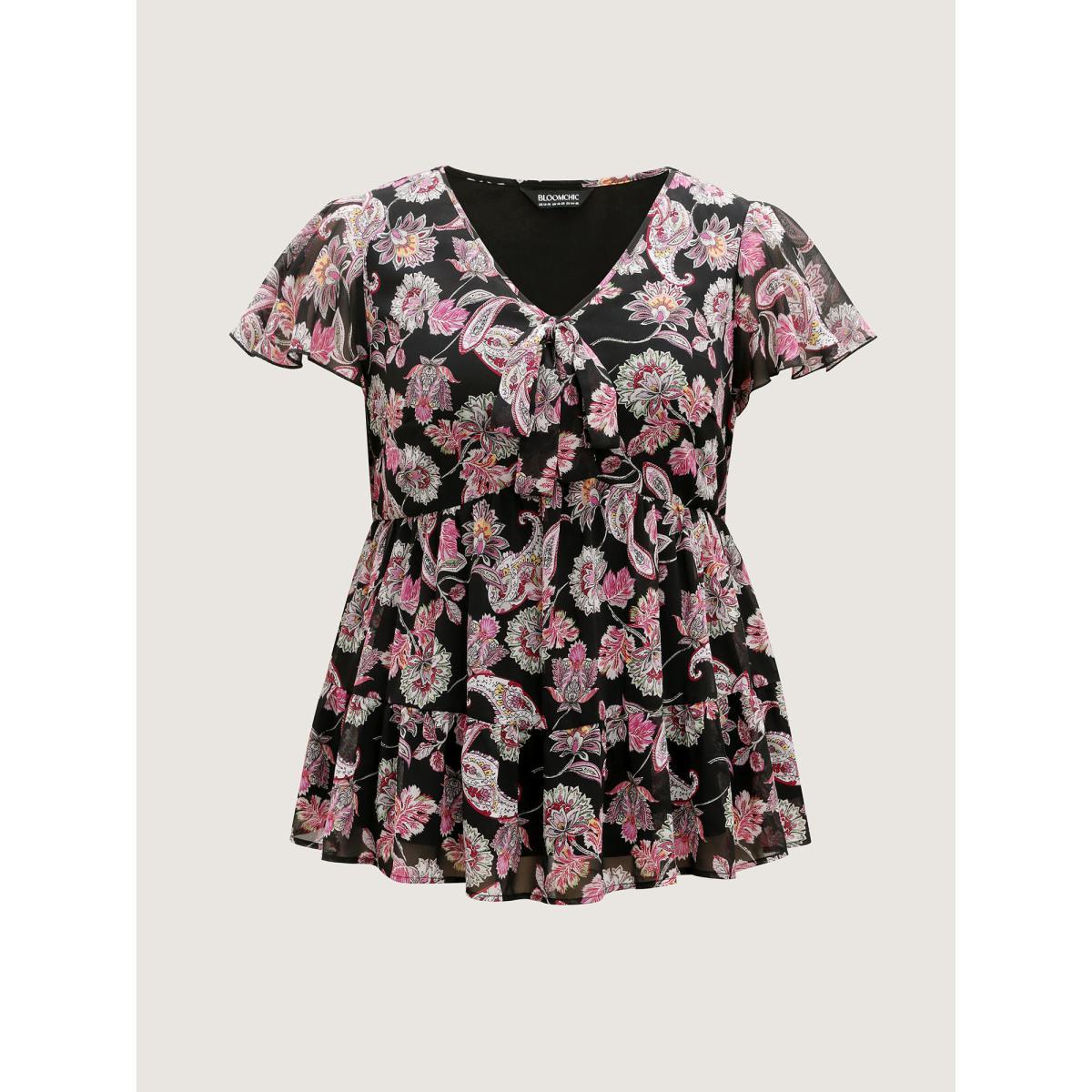 Plus Size Black Floral Paisley Print Ribbon Tie Blouse Women Cap Sleeve V-neck Vacation Blouses BloomChic 30/6X Product Image