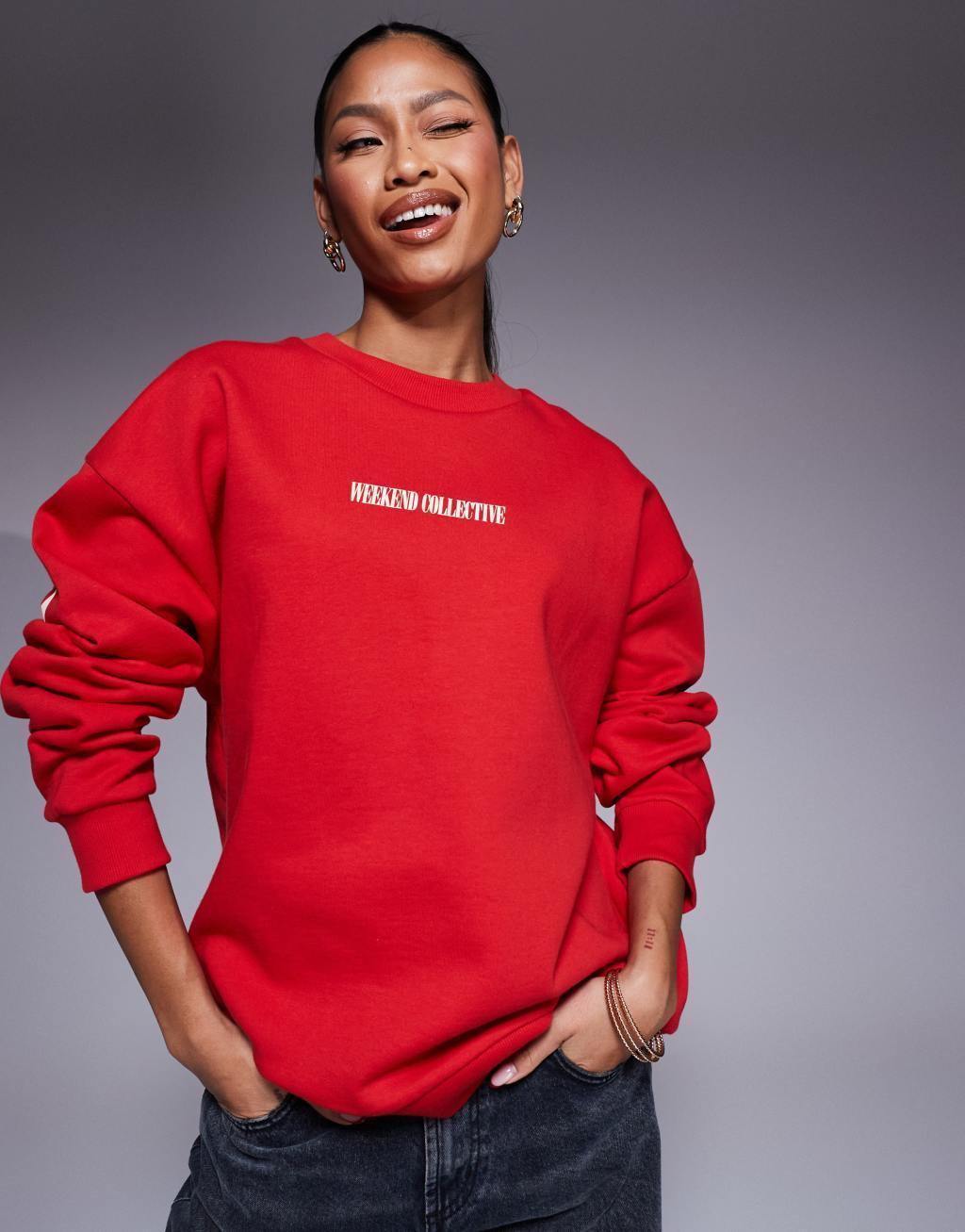 Weekend Collective oversized sweatshirt with stacked back logo in red Product Image