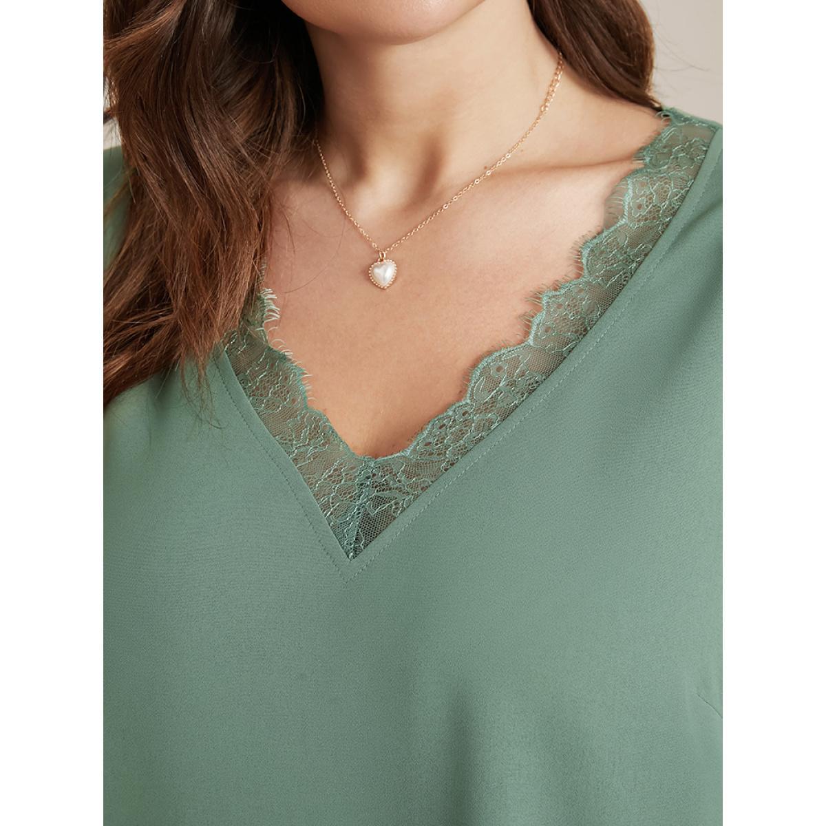 Plus Size Emerald Solid Lantern Sleeve Lace Trim V Neck Blouse Women Elegant Elbow-length sleeve V-neck Dailywear Blouses BloomChic 22-24/3X Product Image