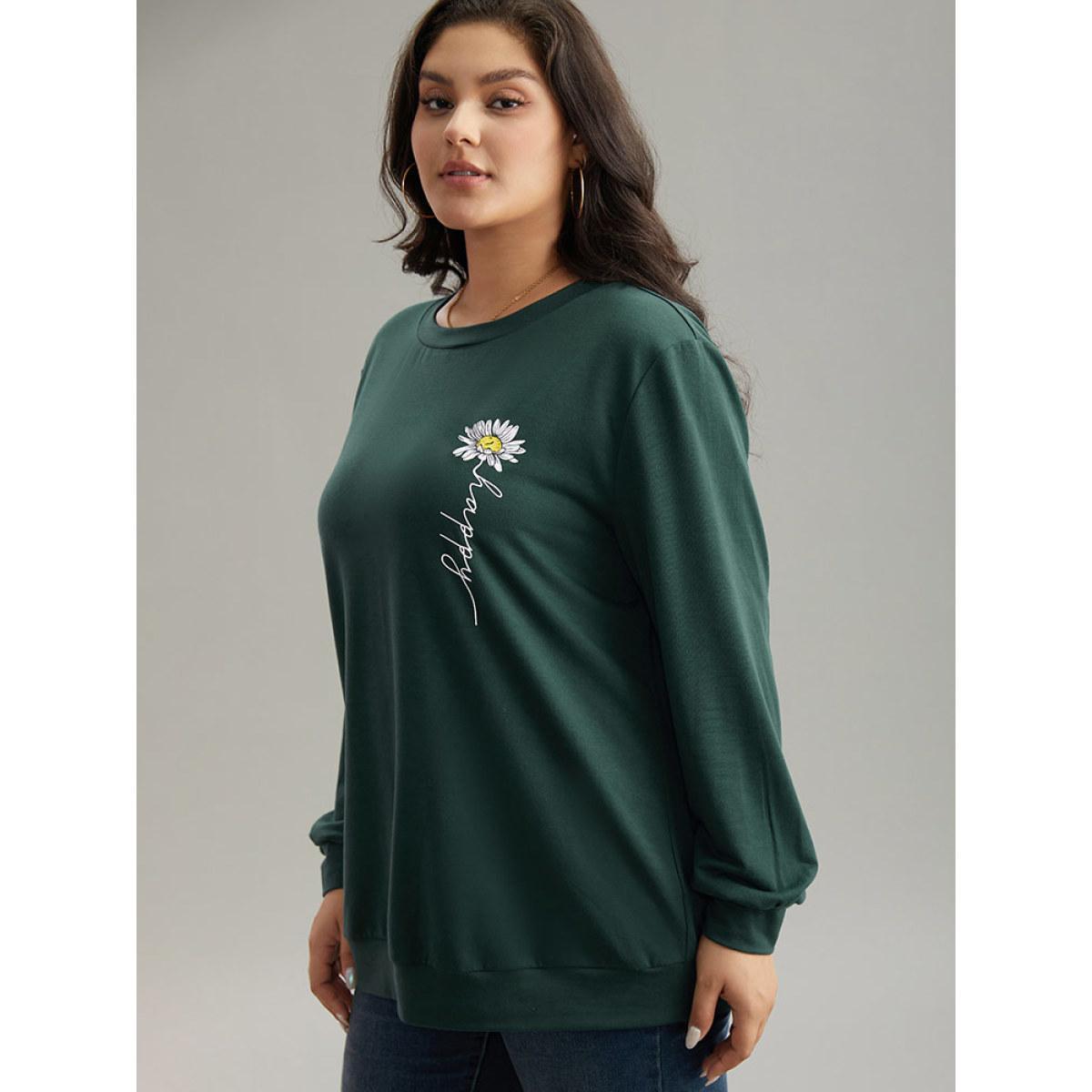 Plus Size Floral Print Round Neck Sweatshirt Women DarkGreen Casual Printed Dailywear Sweatshirts BloomChic 14-16/1X Product Image