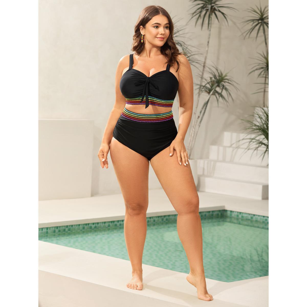 Plus Size Colorful Webbed Knotted Front Swim Top Women's Swimwear Black Beach Woven ribbon&lace trim High stretch Skinny Heart neckline Curve Swim Tops BloomChic 12/L Product Image