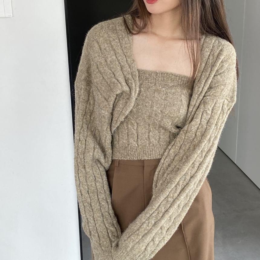 Set: Plain Cable-Knit Cardigan +  Tube Top Product Image