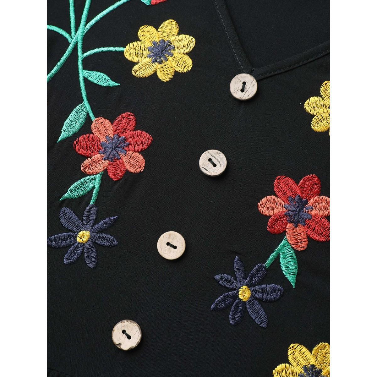 Plus Size Rayon Floral Embroidery Midi Dress Black Women V-neck Half Sleeve Curvy BloomChic 14-16/1X Product Image