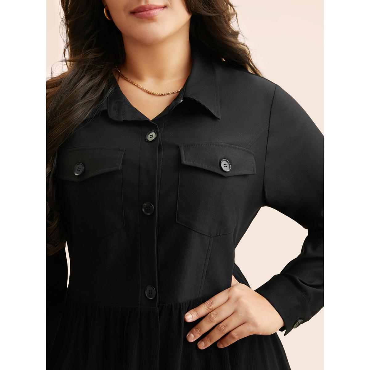 Plus Size Shirt Collar Flap Detail Gathered Jacket Women Black Gathered Everyday Jackets BloomChic 28/5X Product Image