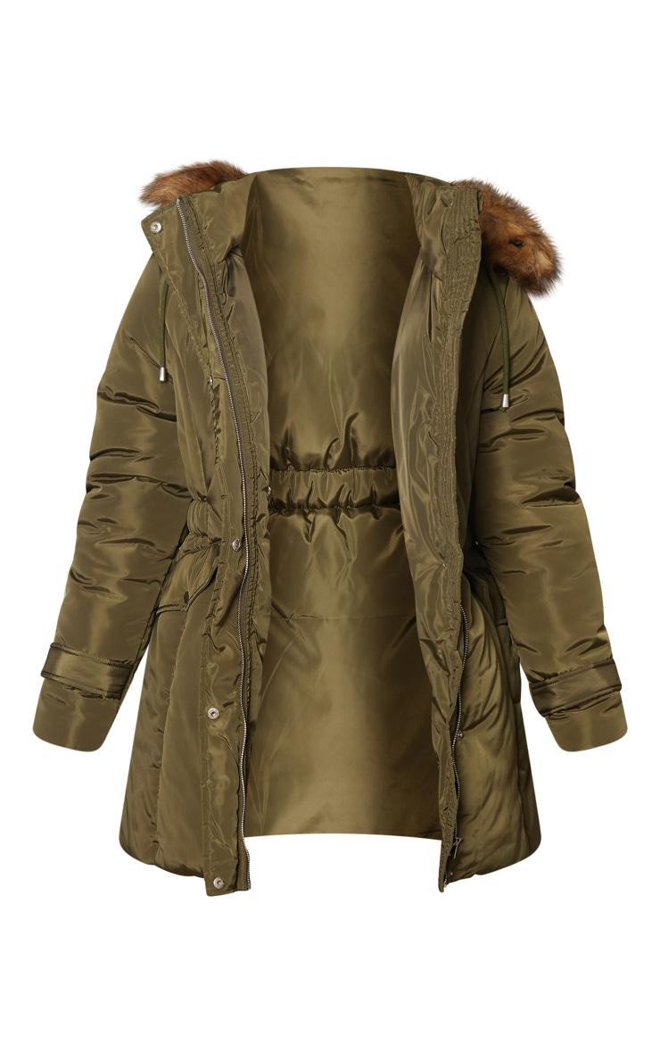 Khaki Faux Fur Hooded Elasticated Waist Longline Parka Product Image