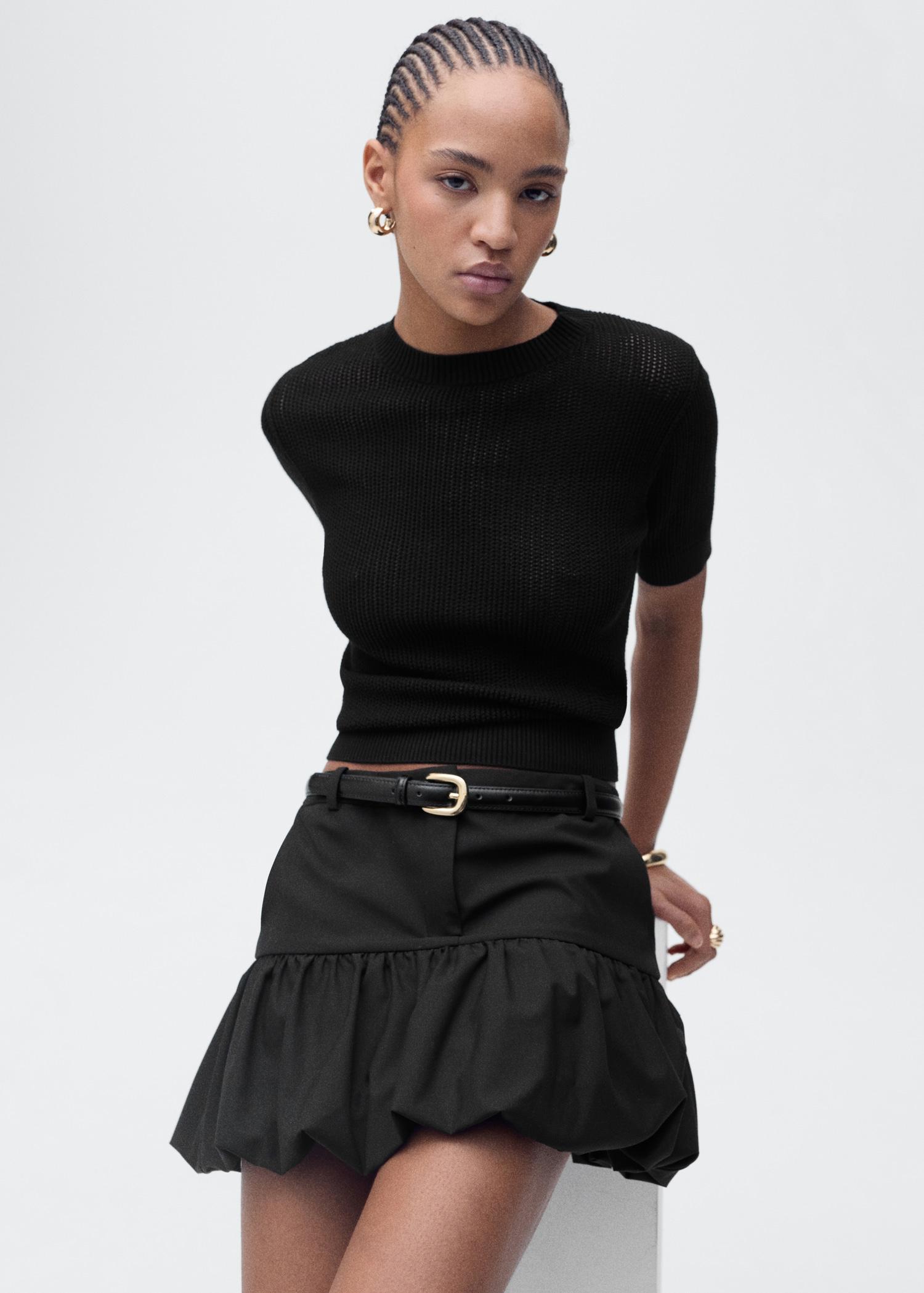 Short-sleeved openwork knitted sweater - Women | MANGO USA Product Image