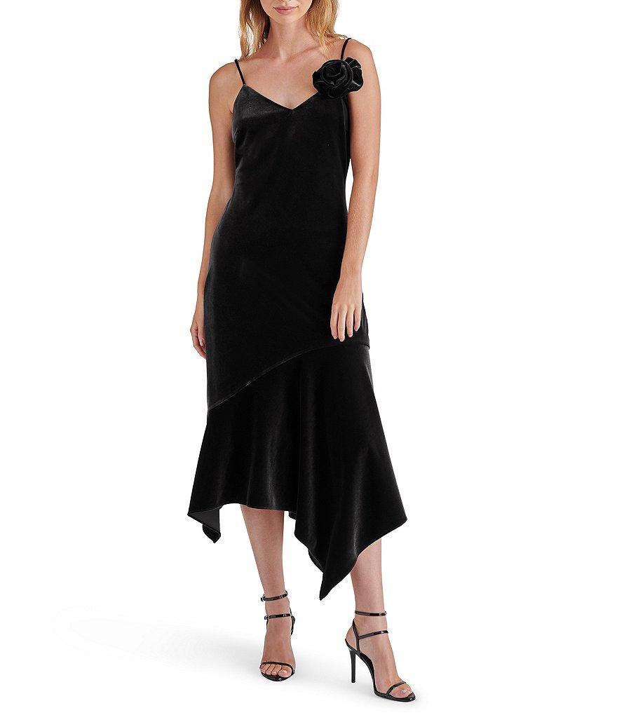 Steve Madden Lucille Velvet V-Neck Sleeveless Rosette Asymmetrical Hem Slip Midi Dress Product Image
