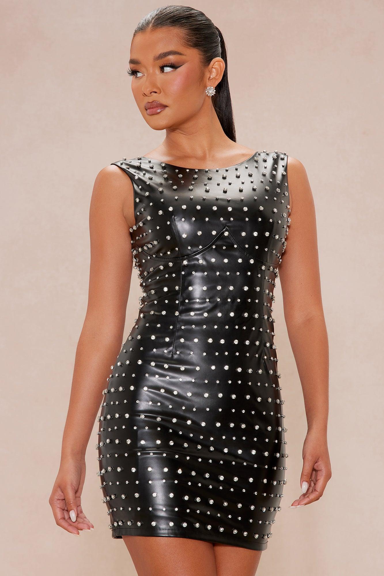 Ashlynn Embellished Faux Leather Mini Dress - Black Product Image