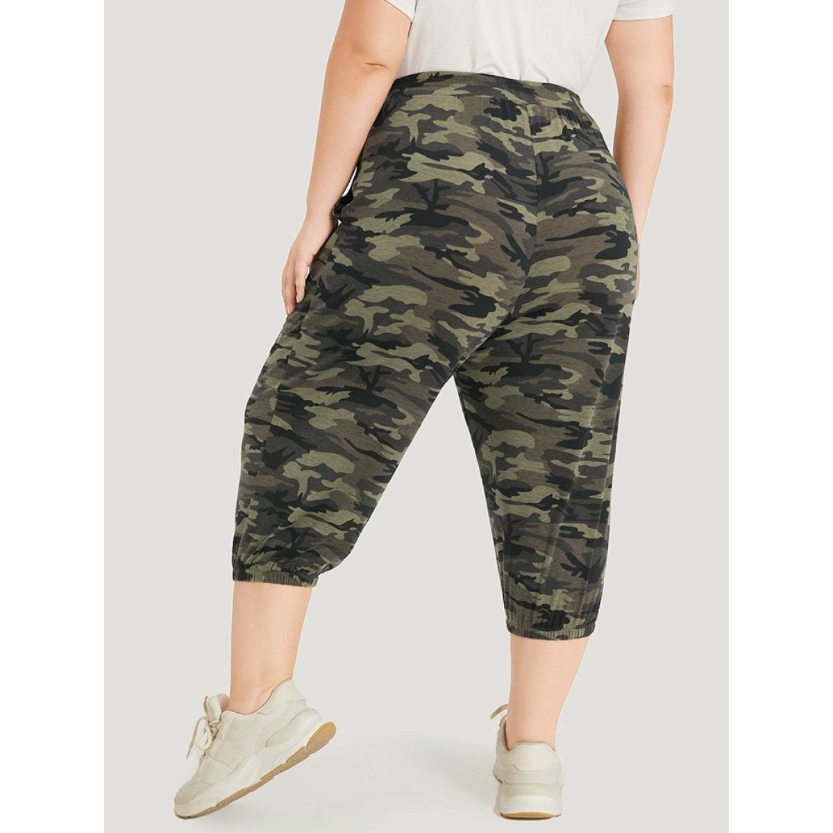 Camo Drawstring High Rise Pocket Cropped Sweatpants ArmyGreen Plus Size Women Casual Dailywear Cross straps 30/6X Bloomchic Product Image