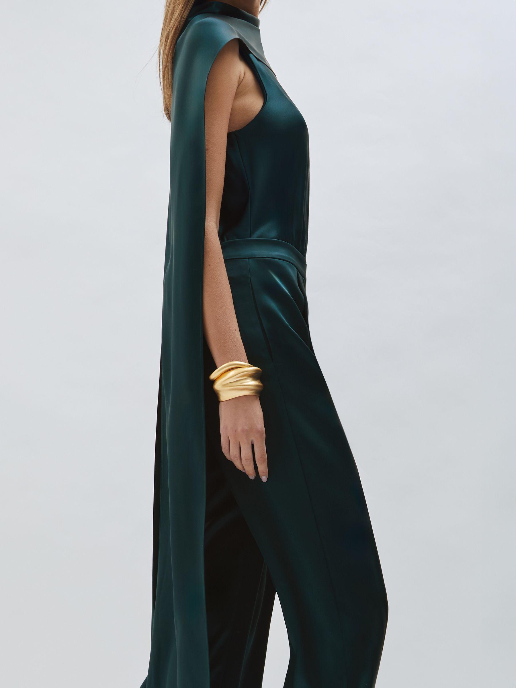 Satin Cape-Sash Jumpsuit in Teal Green Product Image
