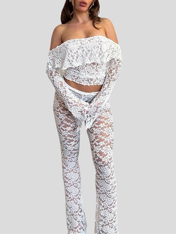 Lace Off Shoulder Long Sleeve Tee & Flared Pants Set Product Image