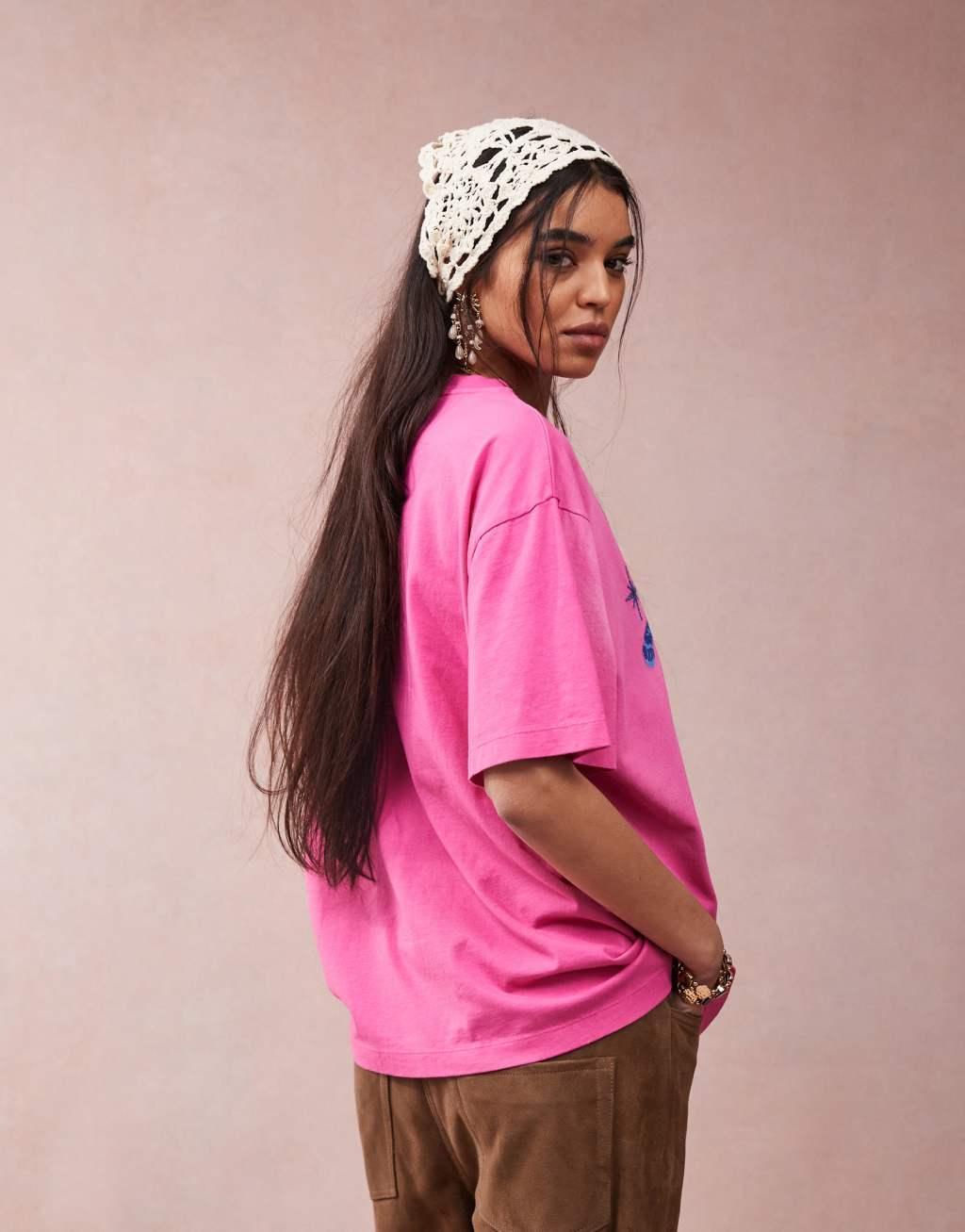 ASOS DESIGN oversized T-shirt with embroidered celestial graphic in pink Product Image