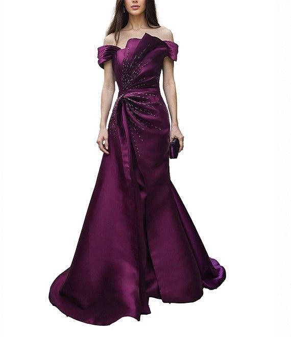 Terani Couture Off-The-Shoulder Ruched Bodice With Beading Mikado Mermaid Gown Product Image