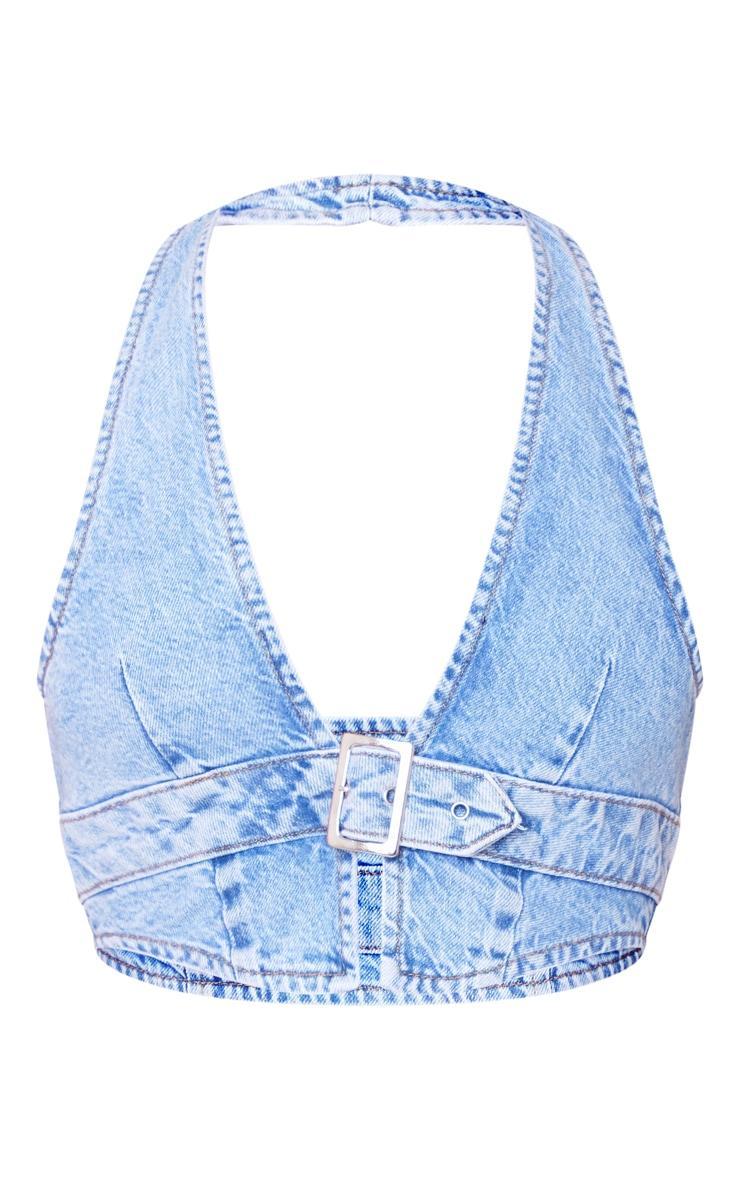 Light Blue Wash Buckle Front Denim Halterneck Top Product Image