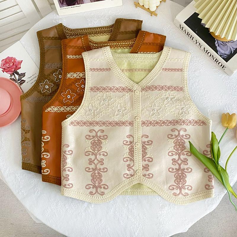 V-Neck Floral Embroidered Button-Up Faux Leather Crop Vest Product Image