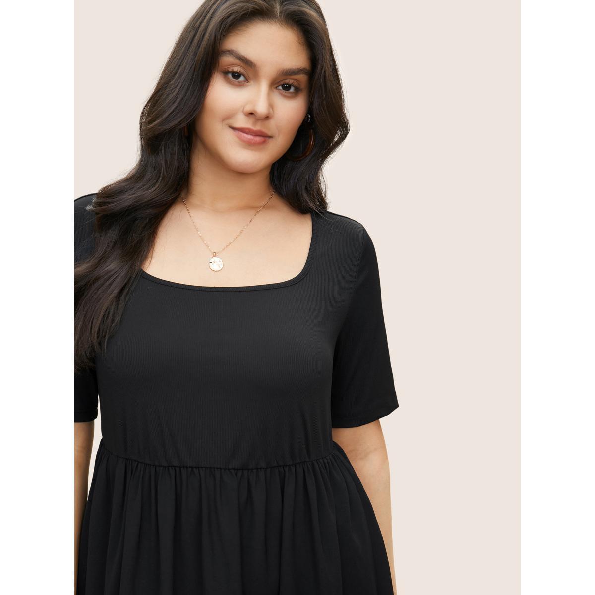 Plus Size Plain Square Neck Gathered Elastic Waist Dress Black Women Casual Non Square Neck Short sleeve Curvy Midi Dress BloomChic 28/5X Product Image