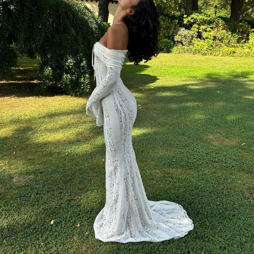 Off-The-Shoulder Long Sleeve Floral Lace Trim Mermaid Maxi Dress Product Image