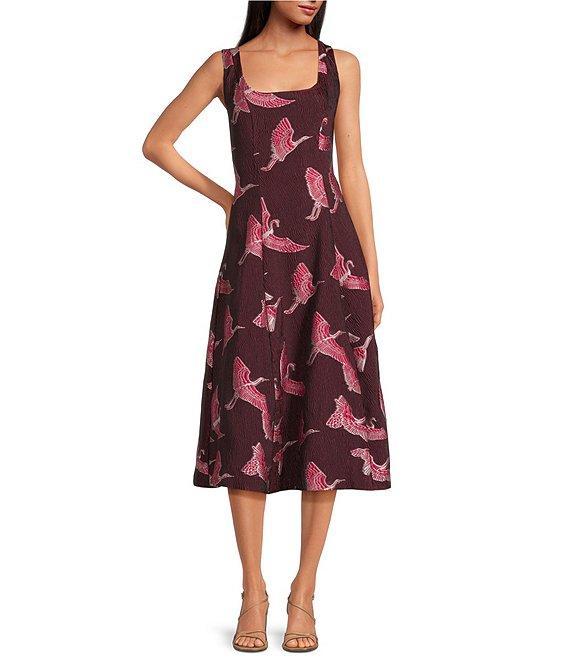 Trina Turk Valor Printed Jacquard Square Neck Sleeveless A-Line Midi Dress Product Image