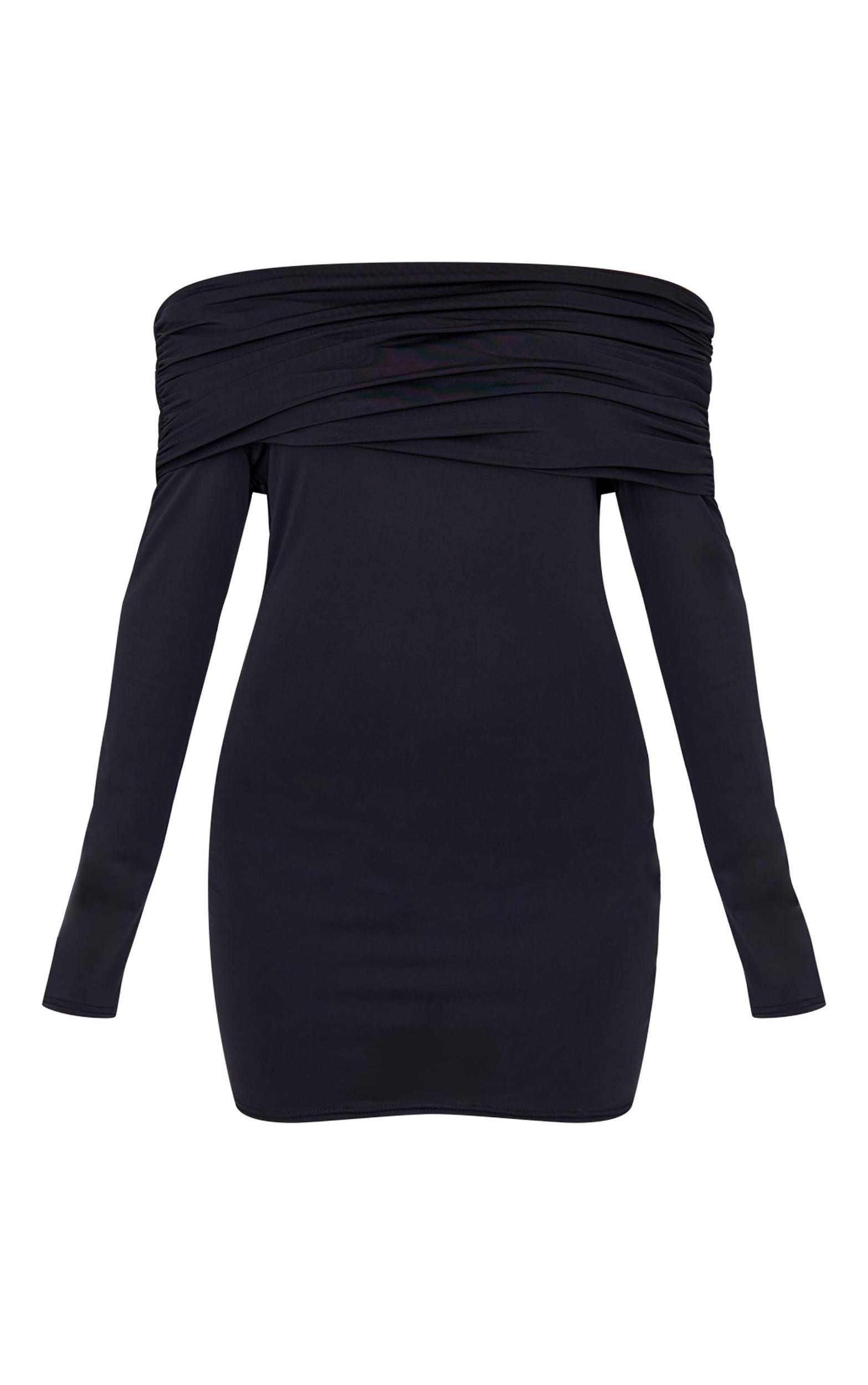 Black Matte Sculpt Double Layer Foldover Bardot Long Sleeve Mini Dress Product Image
