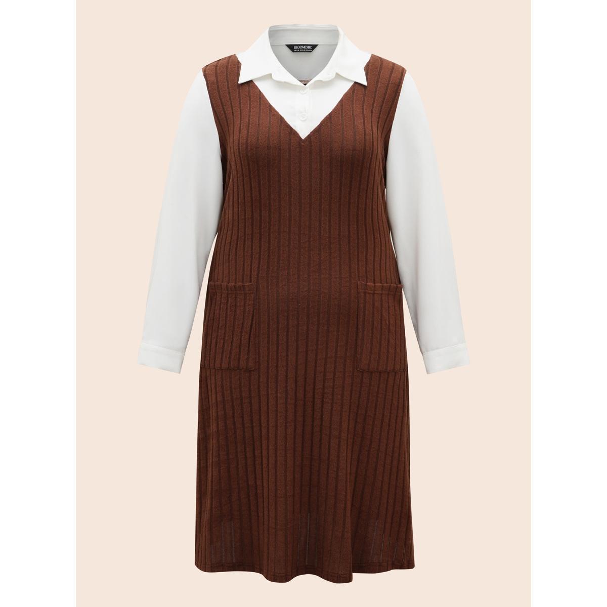 Plus Size Shirt Collar Rib Knit Patchwork Dress Browncoffeecolor Women Casual Texture Shirt collar Long Sleeve Curvy BloomChic 26/4X Product Image