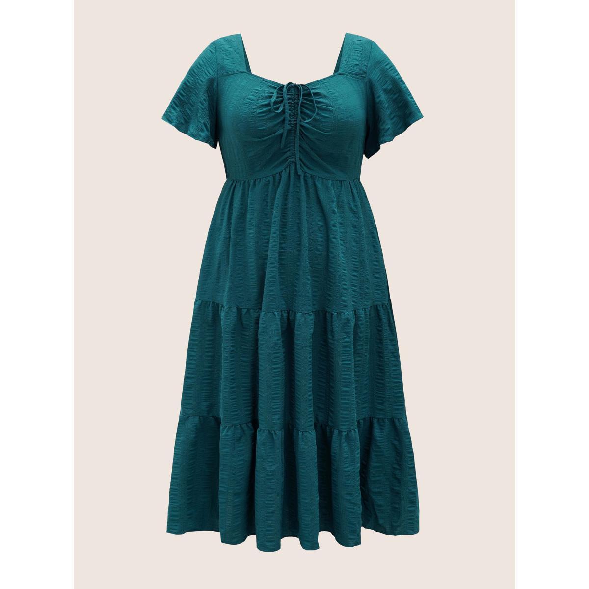 Plus Size Plain Ruched Drawstring Pocket Ruffle Tiered Dress DarkGreen Women Elegant Non V-neck Short sleeve Curvy Midi Dress BloomChic 30/6X Product Image