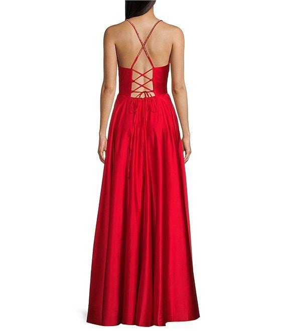 B. Darlin Cowl Neck Lace Up Rhinestone Back Long Satin Dress Product Image
