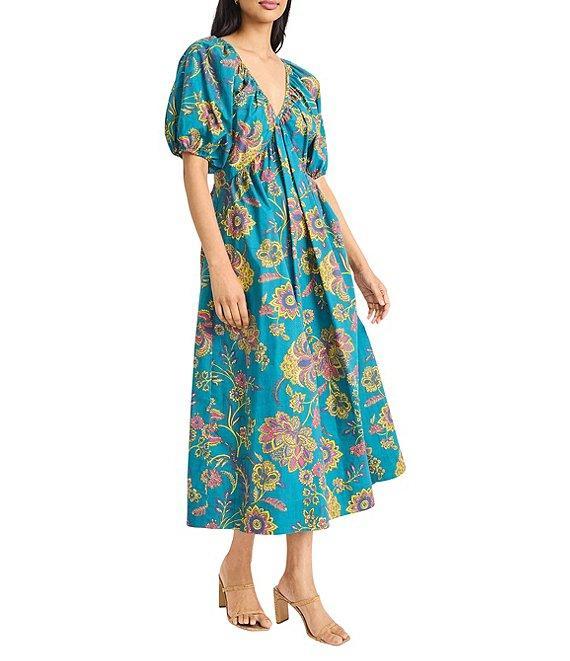 The Good Journey Double V Back Puff Sleeve Floral Print Cotton Poplin A-Line Midi Dress Product Image