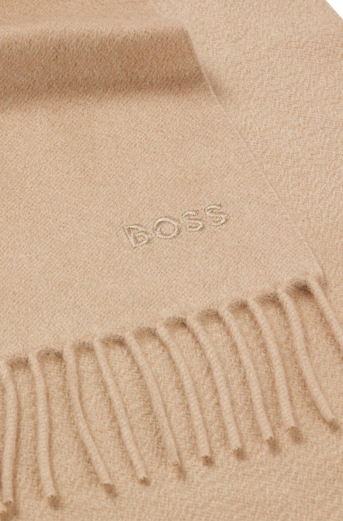 BOSS - Fringed scarf in pure Italian cashmere with embroidered logo - Beige Product Image