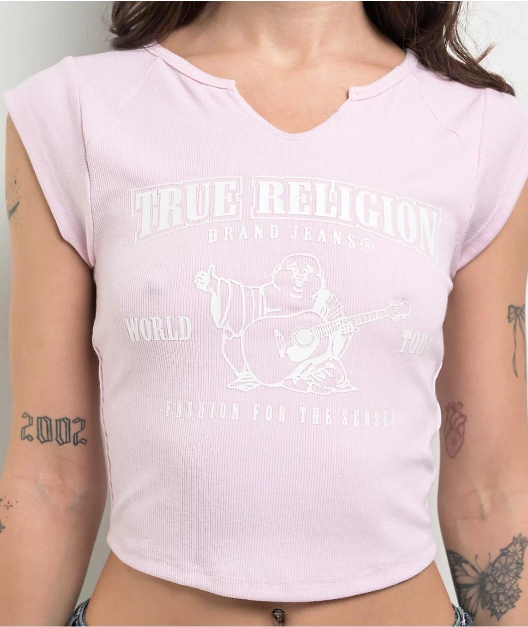 True Religion Buddha Logo Notch Rib Pink Crop T-Shirt Product Image