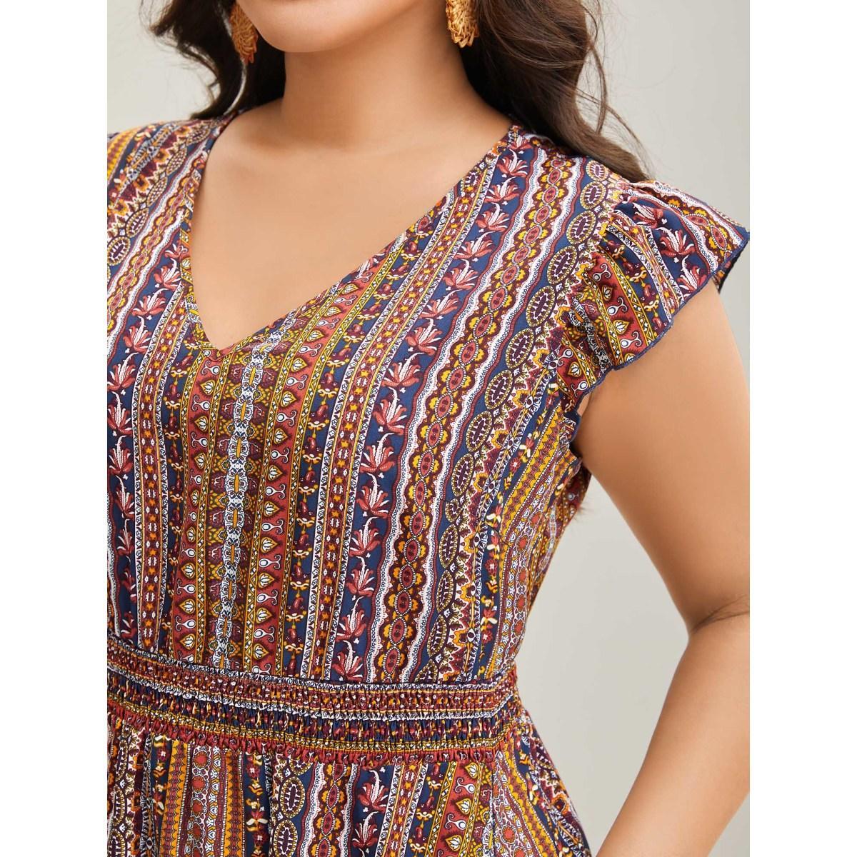 Plus Size Sunny Stripes Pockets Shirred Midi Dress Multicolor Women V-neck Cap Sleeve Curvy BloomChic 28/5X Product Image