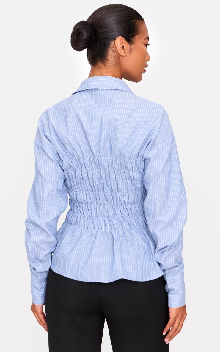 Blue Shirred Striped Fitted Shirt Product Image