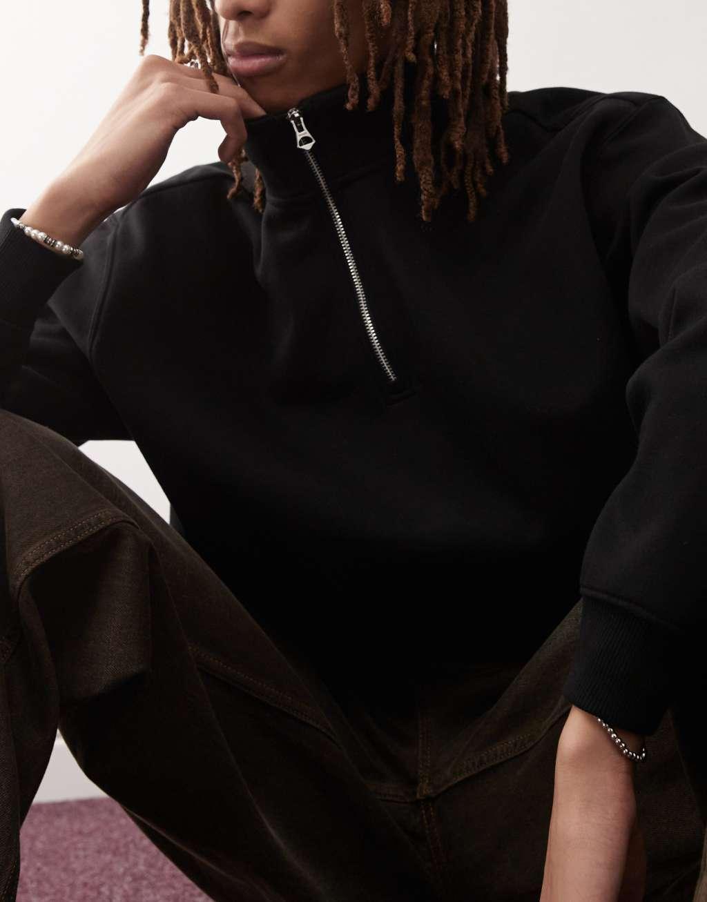 Weekday oversized heavyweight jersey half zip sweatshirt in black Product Image