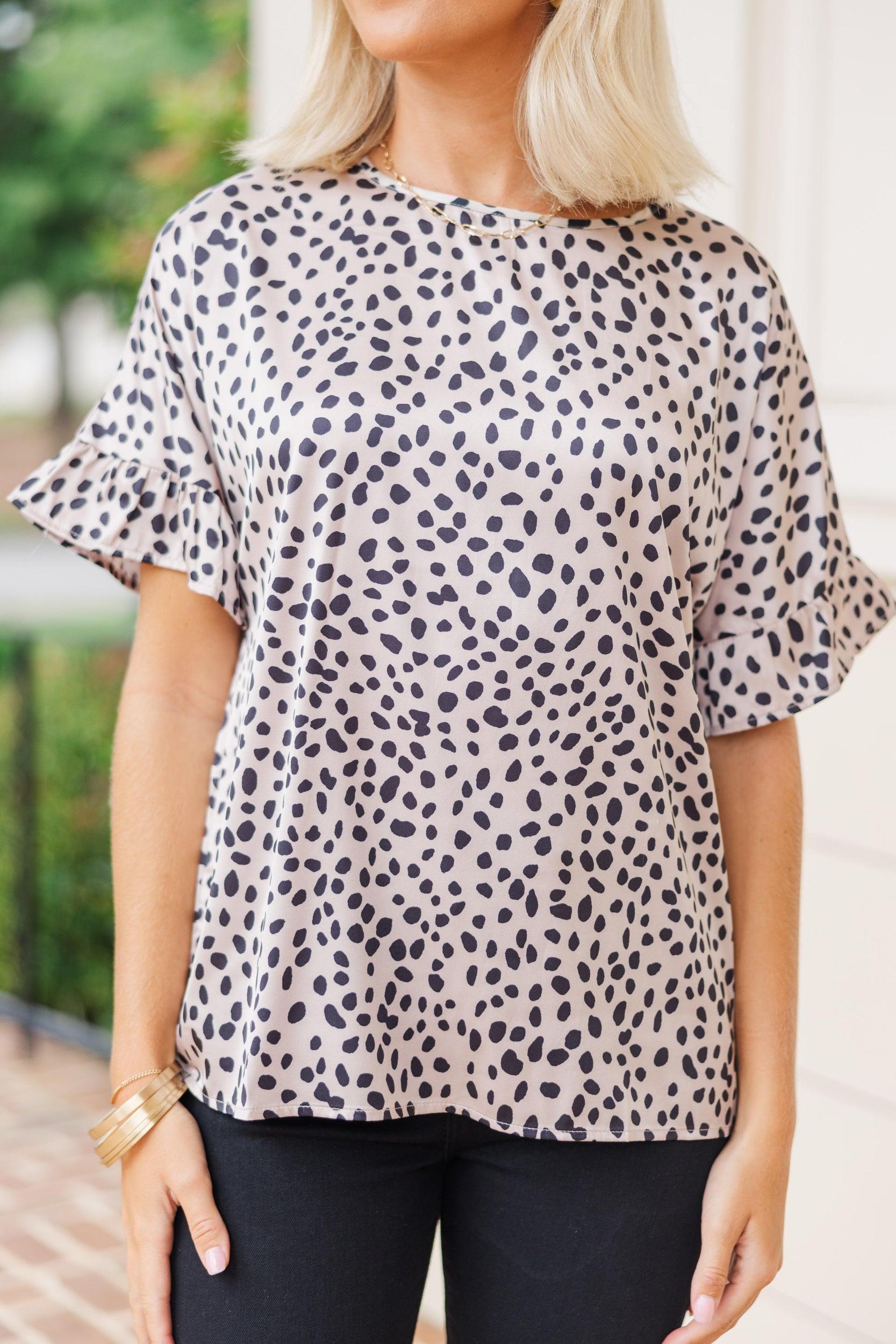 All I Ask Taupe Brown Spotted Leopard Ruffled Top Female Product Image