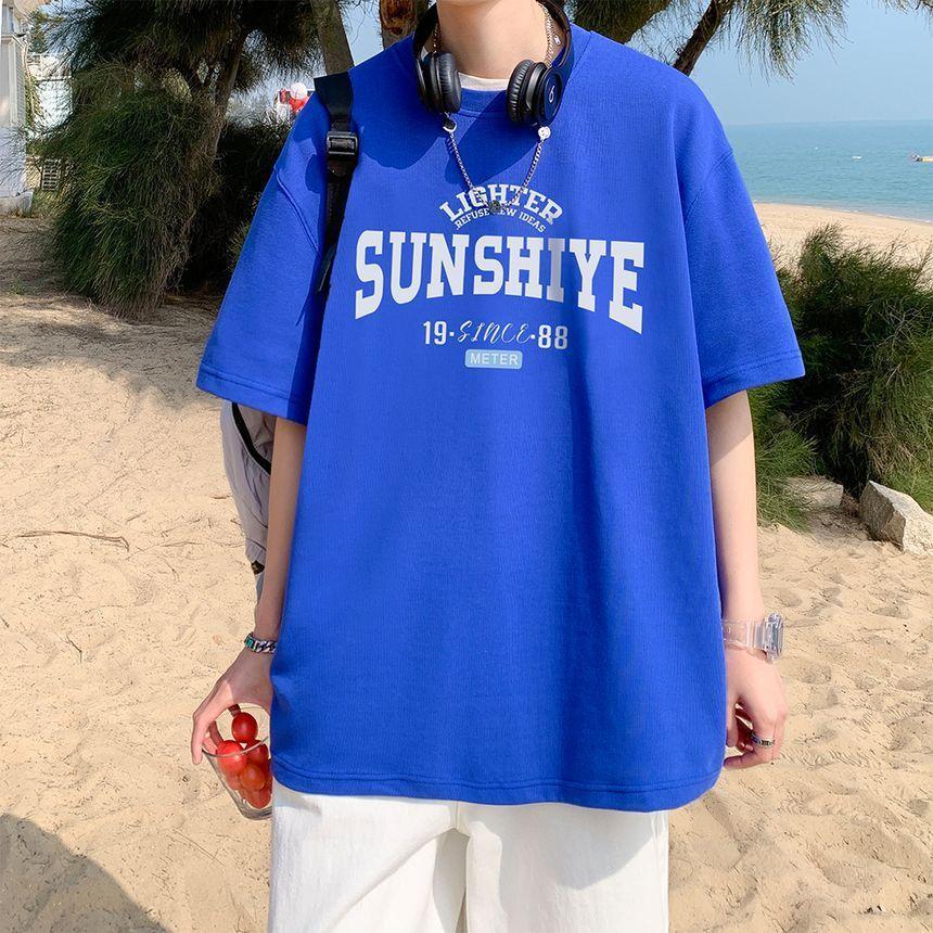 Short-Sleeve Crew Neck Lettering T-Shirt Product Image