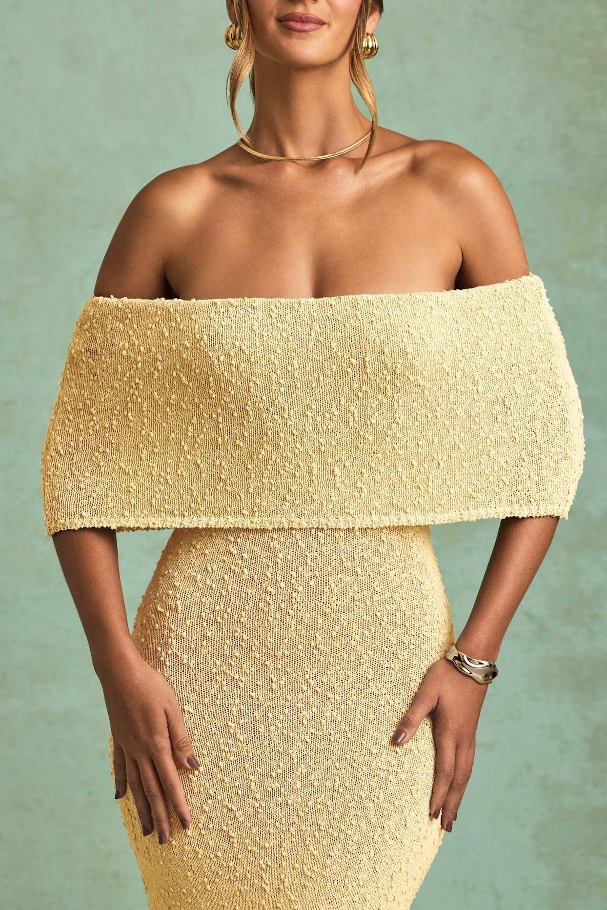 Bouclé Off-Shoulder Maxi Dress in Yellow Product Image