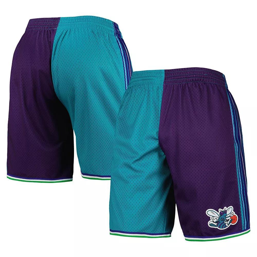 Men's Mitchell & Ness Teal/Purple Charlotte Hornets Hardwood Classics 1999 Split Swingman Shorts, Size: Small, Chr Blue Product Image