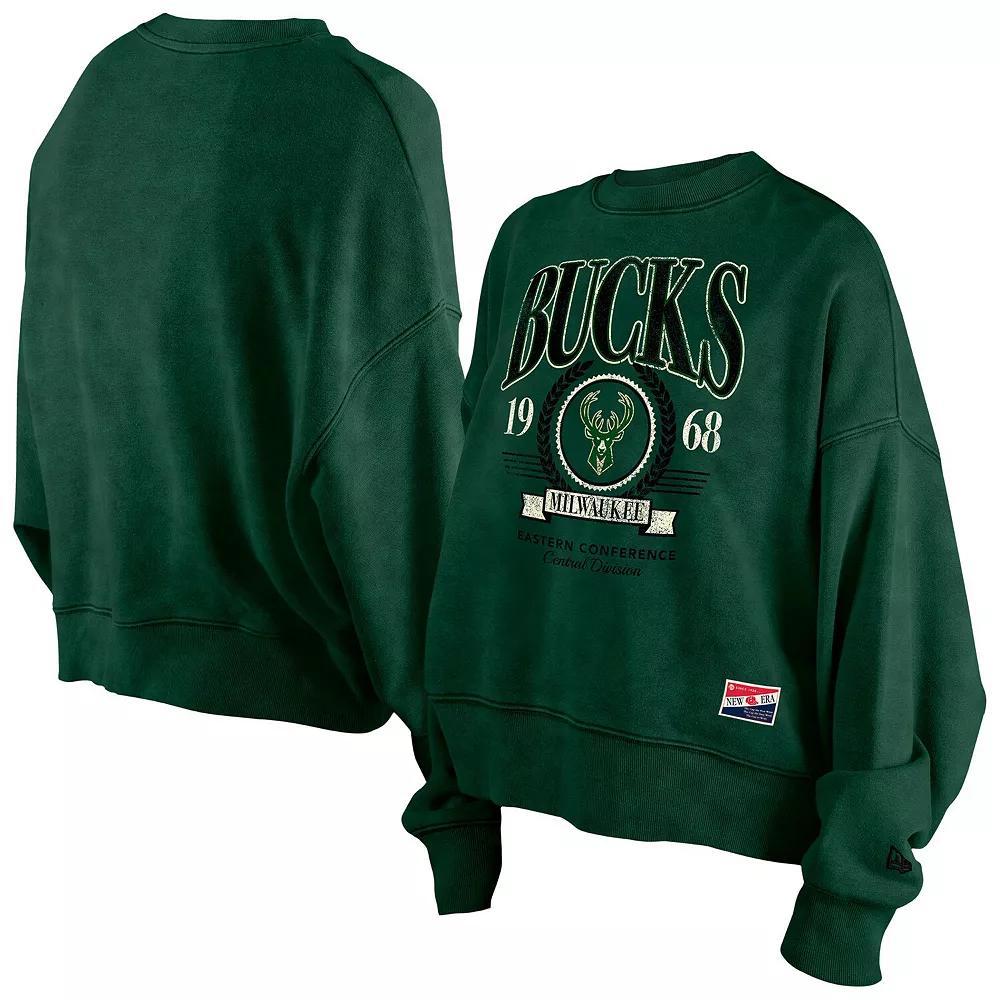 Women's New Era  Hunter Green Milwaukee Bucks Hardwood Classics Enzyme Wash Oversized Boxy Pullover Sweatshirt, Size: Small, Team Product Image