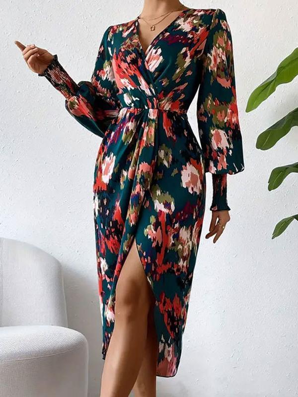 Long Sleeves Loose Elasticity Floral Printed V-Neck Midi Dresses Shirt Dress Product Image