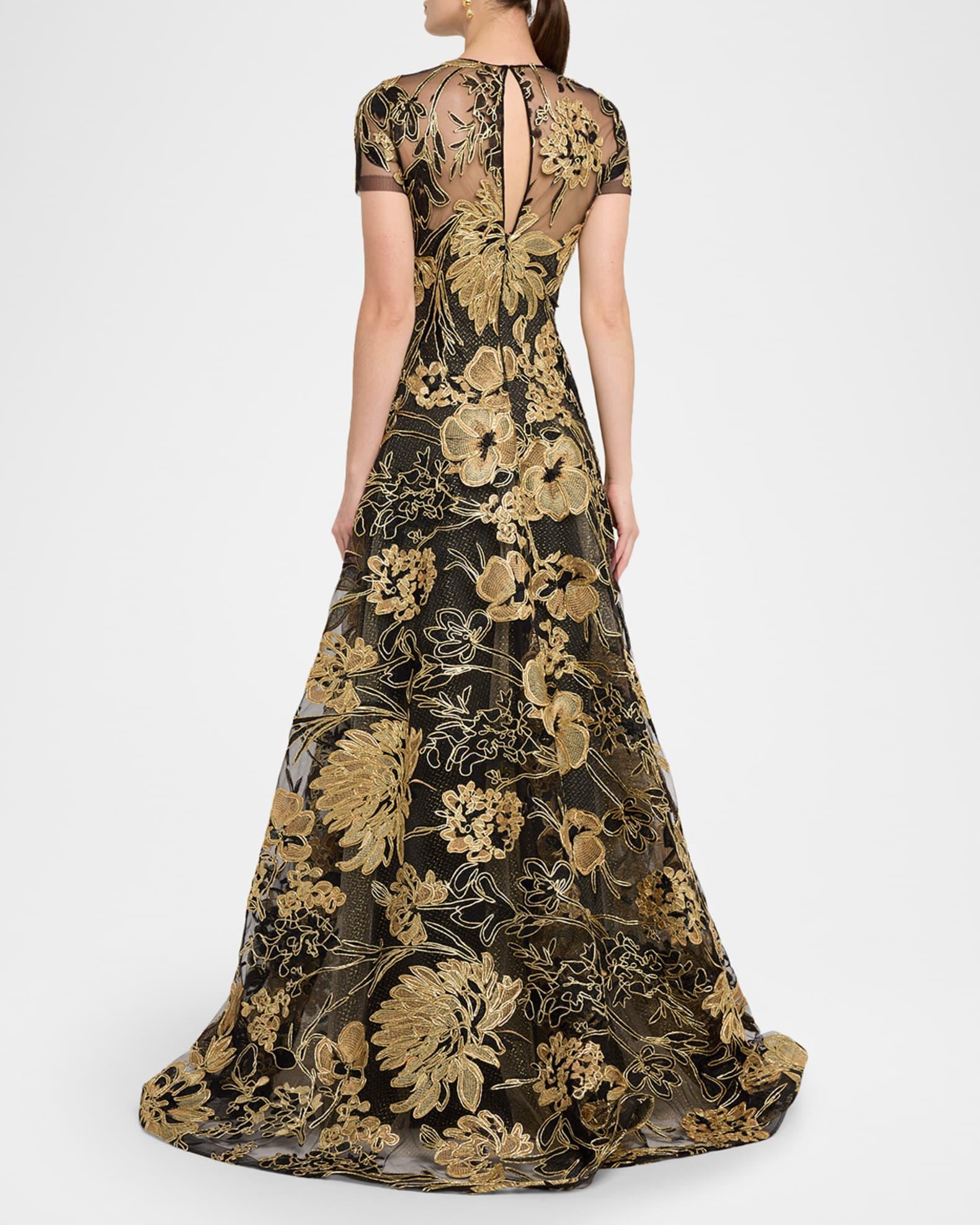 Metallic Embroidered Short-Sleeve A-Line Gown Product Image
