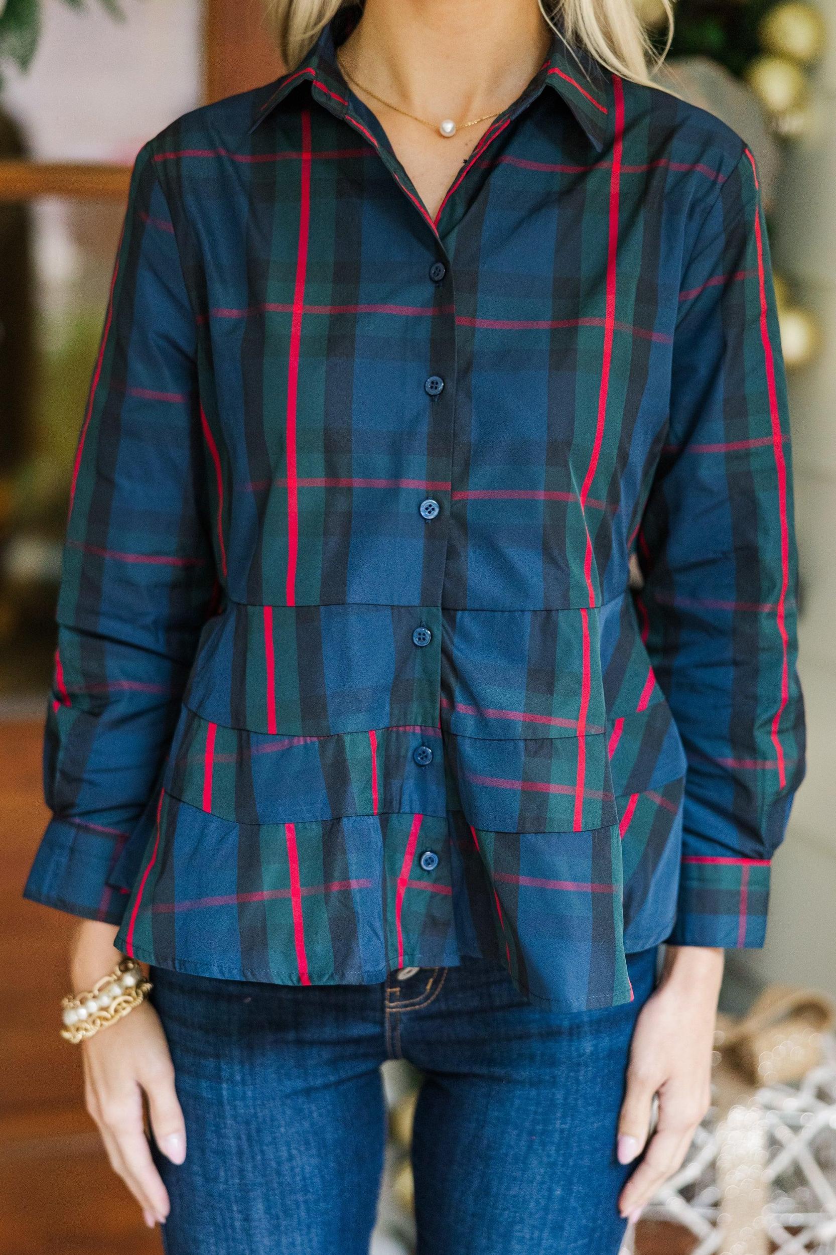 In Control Navy Blue Plaid Button Down Blouse Female Product Image